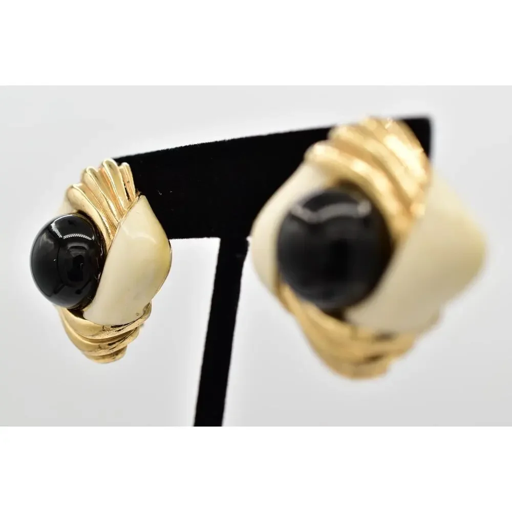 Ciner Vintage Cabochon Clip On Earrings Black Gold Heavy Chunky Signed 70s BinBB